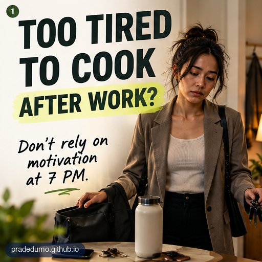 Easy Lean Meals static ad carousel, panel 1: Too tired to cook after work?