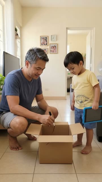 Scene 3: Dad kneels over an empty box with a marker