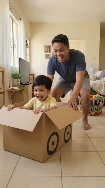 Scene 4: the box is a car now, Isko inside, Dad pushing